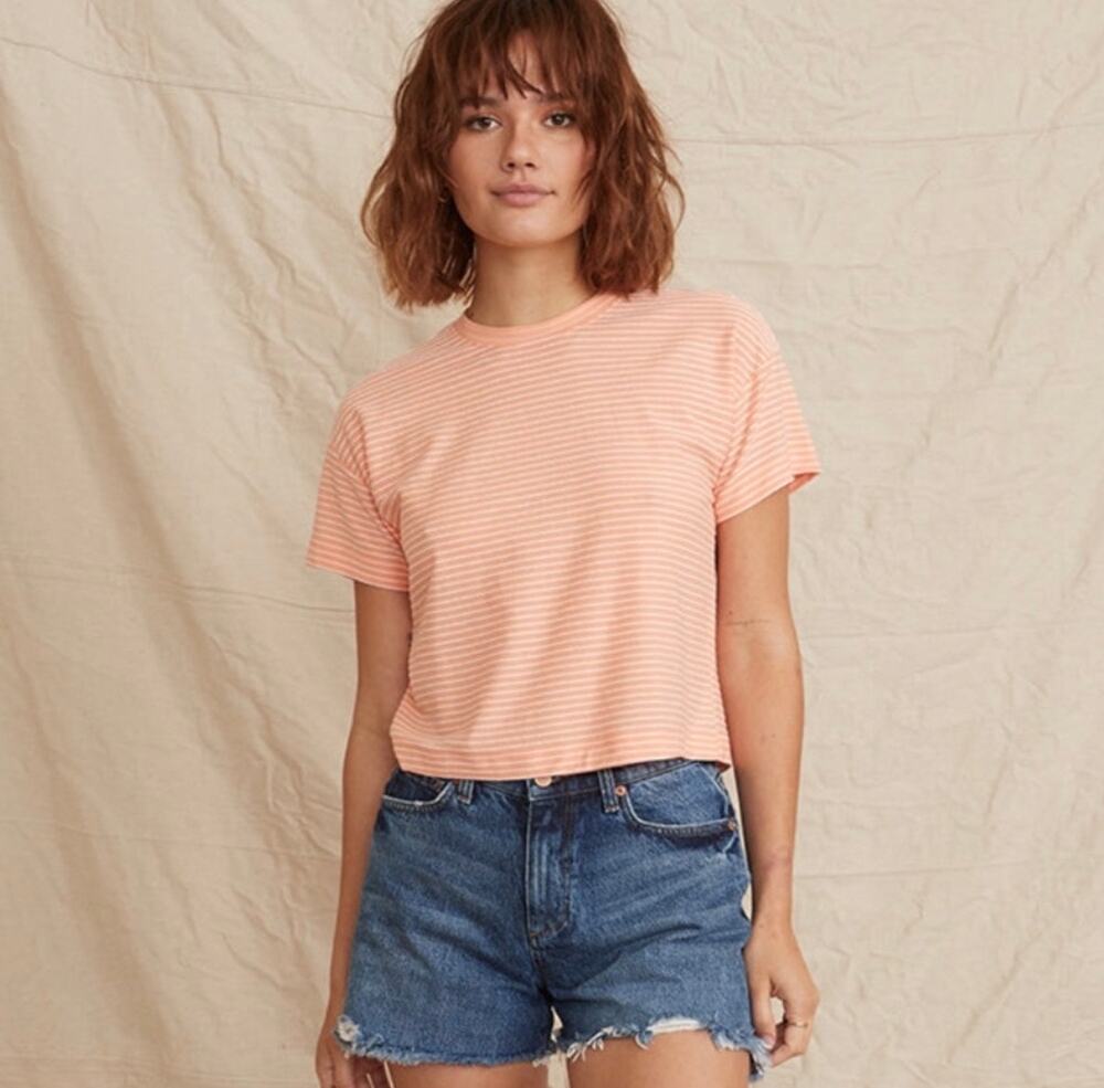Marine Layer Lydia Striped Textured Top Papaya Punch Short Sleeve orange white